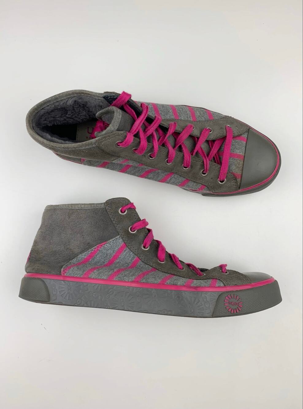Ugg Cayha High Top Sneakers Grey Pink Lace Up Shearling Lined Women's 8.5